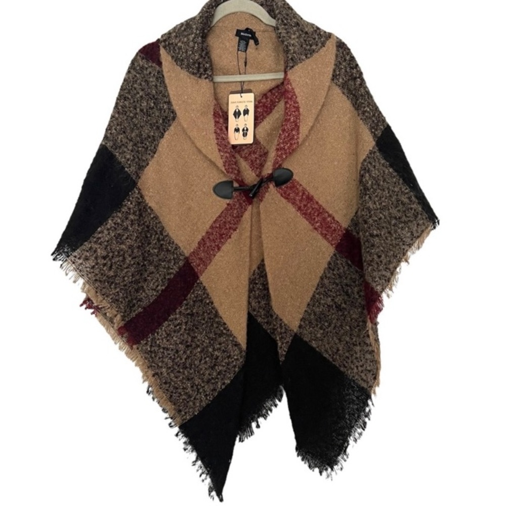 Modena plaid wrap fringed poncho